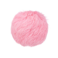 Close up of pink rabbit fur pompom isolated on white background