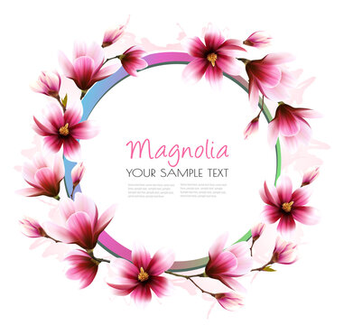 Beautiful pink magnolia getting card. Vector.