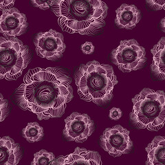 Seamless pattern pink rose flowers on dark abstract bacground. Vector illustration drawing linear style.
