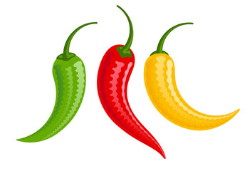 Cartoon red, green and yellow Chilli peppers vector illustration isolated on white background