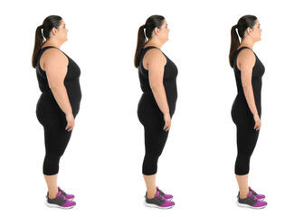 Woman before and after weight loss on white background, collage