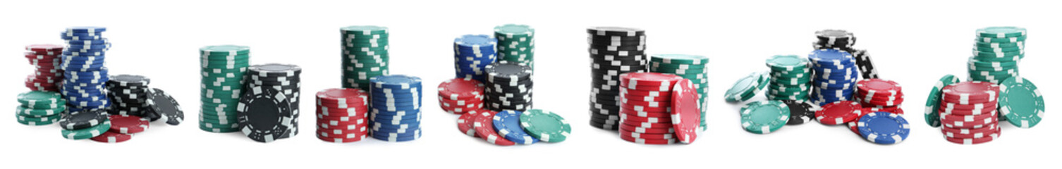 Set with stacks of different casino chips on white background, banner design. Poker game