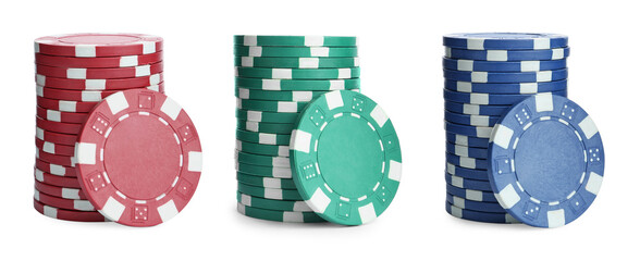 Fototapeta premium Set with stacks of different casino chips on white background, banner design. Poker game