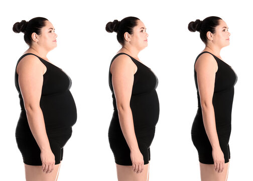 Woman before and after weight loss on white background, collage