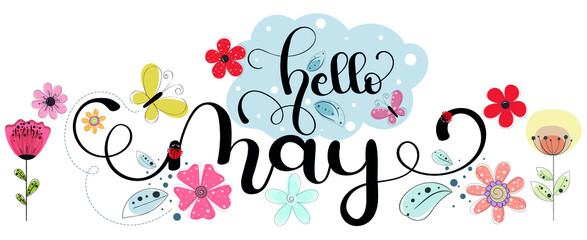 Fototapeta na wymiar Hello May. MAY month vector with flowers, butterfly and leaves. Decoration floral. Illustration month may 