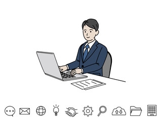 パソコンを使うスーツ姿の男性　デスクワーク　仕事　会社員　イラスト素材