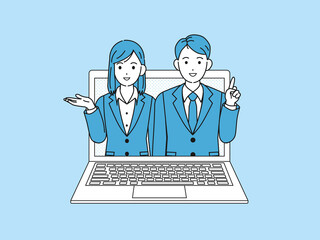 テレワーク　リモートワークの案内　説明　スーツ姿の男女　イラスト素材