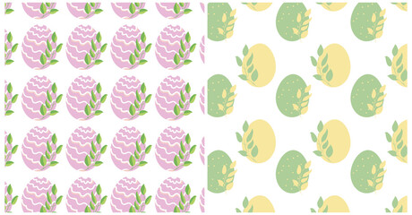 Vector set of design Easter seamless patterns with Easter eggs, leaves, color flower.For greeting card, posters, invitations, textile, wrapping paper, fabric, web.Happy Easter.Christian holiday.Spring