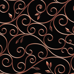 Bronze forged curls with leaves on black background. Vintage seamless pattern
