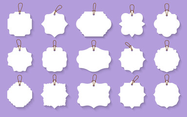 White ornamental label frames with thread. Retro badge vector set. Vintage packaging design templates for bottles, jars, cups or dishes. Special supermarket promotional offer price tag.