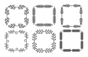 Branch square line set. Flourish retro ornament divider. Herbal ornate doodle design elements. Vintage botanical border. Wedding invitation, greeting card, scrapbook stamp, winner wreath floral decor