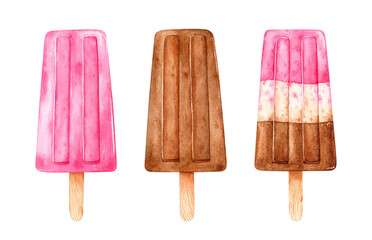 Watercolor set of ice cream on sticks. Strawberry and chocolate frozen desserts isolated on white background. Hand-drawn clipart illustration. Perfect for cards, menu, prints, decorations, covers.