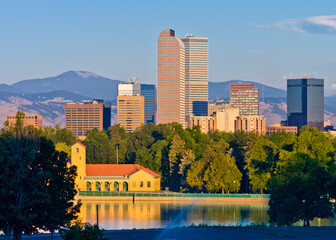 Denver Morning Light - Denver City Park Lake, downtown Denver skyline on a summer morning at City...