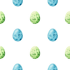 Watercolor seamless pattern with colored quail eggs. Easter background. Hand-drawn illustration. Perfect for wrapping paper, packaging, prints, decor.