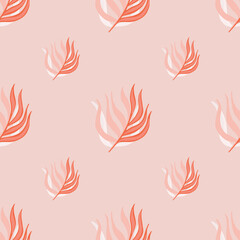 Decorative seamless hand drawn pattern with tropical leaf branches shapes. Pink palette backdrop.