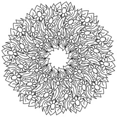 Contour mandala with daffodils, ornate coloring page with floral motifs