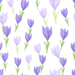 Fototapeta na wymiar Isolated seamless pattern with hand drawn blue outline crocus flowers print. White background.
