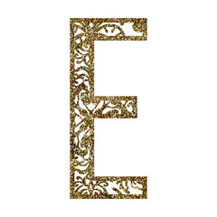 Gold lase letter E.  Vintage texture Monogram. Printable design letter.