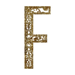 Gold lase letter F.  Vintage texture Monogram. Printable design letter.