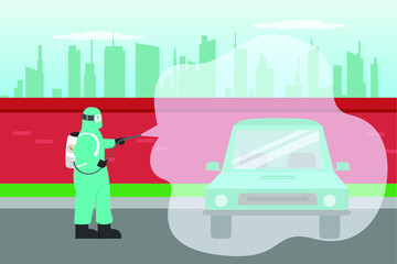 Disinfectant vector concept: Young man spraying disinfectant to the car while wearing protective suit