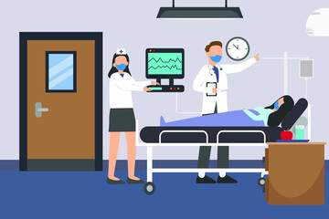 Health vector concepta. Doctor and nurse visiting patient while wearing face mask in the treatment room