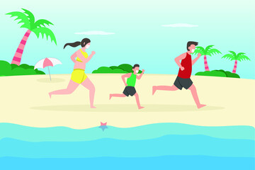 Obraz na płótnie Canvas Jogging vector concept. Happy family jogging at the beach while wearing face mask