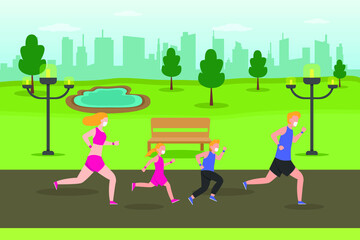 Jogging vector concept. Happy family jogging together at the park while wearing face mask