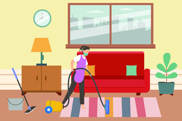 Household vector concept: Female servant working with vacuum cleaner at home while wearing face mask