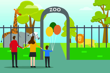 Zoo vector concept. Happy family looking animals at zoo