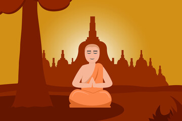 Buddha vector concept: Monk doing meditation while doing worship in the buddha temple