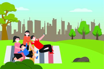 New normal vector concept: Young family enjoying picnic together in the park while wearing face mask in new normal