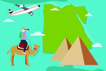 Vacation in new normal vector concept: Young man riding a camel while wearing face mask in new normal