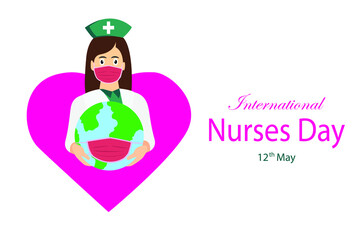 International Nurses Day vector concept. Nurse holding earth with face mask, heart shape symbol and International Nurses Day text