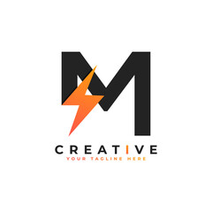 Initial Letter M Logo With Lighting Thunder Bolt. Alphabet Suitable for Fast, Power, Flash, Electric, Identity, Moving and Speed.