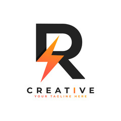 Initial Letter R Logo With Lighting Thunder Bolt. Alphabet Suitable for Fast, Power, Flash, Electric, Identity, Moving and Speed.