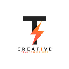 Initial Letter T Logo With Lighting Thunder Bolt. Alphabet Suitable for Fast, Power, Flash, Electric, Identity, Moving and Speed.