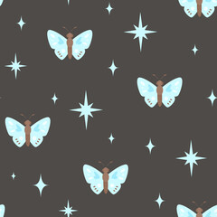 Seamless pattern with flying butterflies in the sky with stars. Cute texture for fabric, wrapping, textile, wallpaper, apparel.
