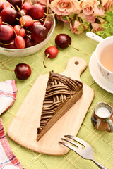 Hojicha mille crepes cake on wooden tray