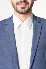 Handsome man wearing blue blazer apparel studio shoot