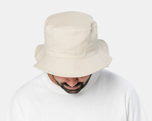 Man wearing bleached bucket hat, front view