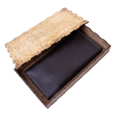 Wallet made of genuine brown leather in a gift box made of wood