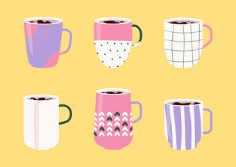 Collection colorful ceramic cups. Set icons of mugs with various ornaments filled with drink, hot tea or coffee. Doodle abstract, linear pattern on cup. Flat cartoon style design. Vector illustration