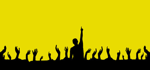 Concierto. Silueta de personas, hombres y mujeres en un concierto musical con fondo amarillo. Concepto de fanáticos. Ilustración vectorial - obrazy, fototapety, plakaty