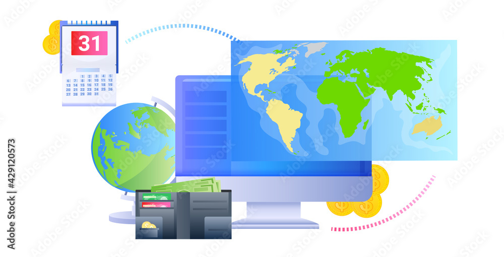 Poster world map on computer monitor global network internet connection globalization concept horizontal