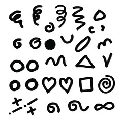 Fototapeta premium Set of grunge stains of different shapes. Imitation of hand drawn stripes, spirals, circles, nests, lines, dots, rounds, curves, crosses, triangles. Vector design elements isolated black on white