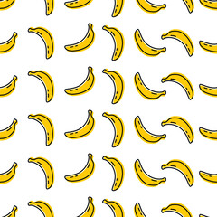 Obraz na płótnie Canvas Banana icon seamless pattern. Vegetarian food symbol. Line label with yellow fill. Trendy silhouette sign graphic pictogram. Outline linear logo vector illustration isolated on white background