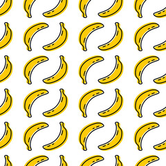 Banana icon seamless pattern. Vegetarian food symbol. Line label with yellow fill. Trendy silhouette sign graphic pictogram. Outline linear logo vector illustration isolated on white background