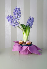 Spring Easter still life with hyacinths, chickens and meringues.