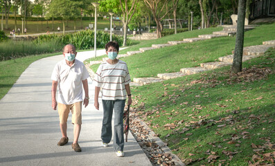 Senior Asian couple wearing face mask taking a walk in a green park.
