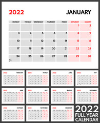 2022 full year monthly office planner, calendar starts monday, two weekends, white background
